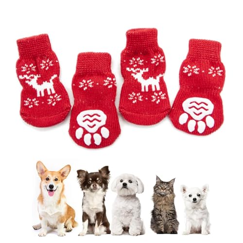 Weihnachtssocken für Hunde, rutschfest, gestrickt, Hundesocken, Haustierpfotenschutz, Welpen, Katze, Socken mit Gummiverstärkung, Weihnachtssocken für Haustiere im Innenbereich, Elch, 4 Stück von BNOYONERAS