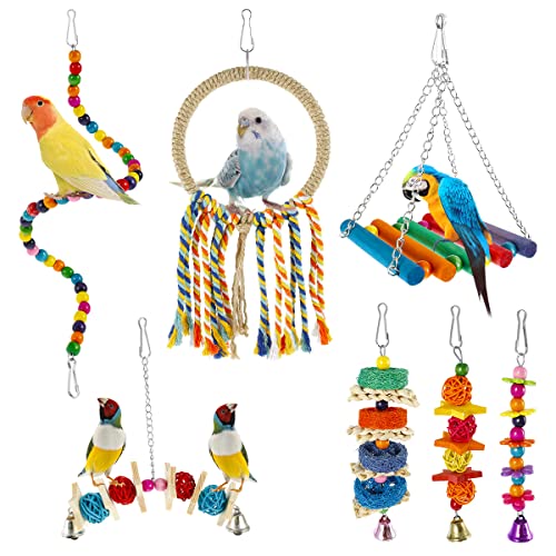 7pcs Vogel Papageienspielzeug Holzholz Bunte Vogelschwung Spielzeughänge -Papageienkauspielzeugpapagei Spielen Training Spielzeug für Sittiche Cockatiels Finkbuße Love Love Birds BOBASH von BOBASH