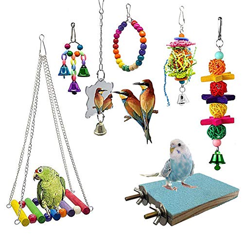 ppactvo Vogelspielzeug Papageienspielzeug 7Pcs Bird Mirror Bird Frosted Station Board Spielzeug Buntes Haustier Vogel Spielzeug Mit HöLzernen HäNgenden Stand Leiter HäNgematte Vogel von BOENTA