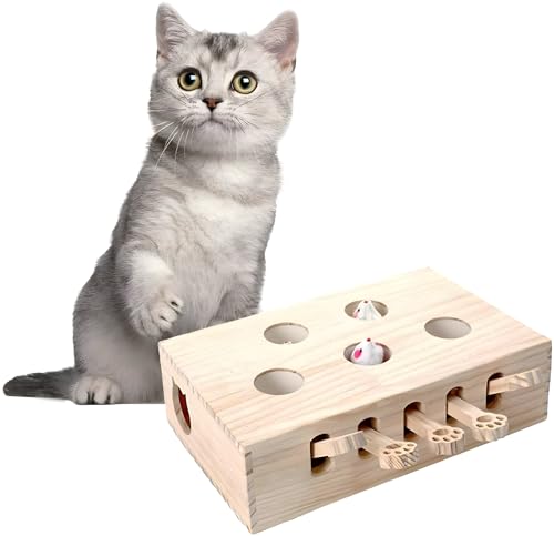 BOHJPIS Interaktives Katzenspielzeug Holz Spielzeug, Maulwurf Maus, Puzzle Box mit Spielzeugen für Katzen, Jagd, Spielen, Trainieren Kratzen 5 Löcher perfekt für Indoor-Übung und Spaß (Holzfarbe) von BOHJPIS