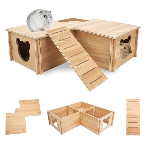 Hamsterhaus Labyrinth, Holz Hamster Versteck Mehrkammer Hamster Versteck Haus mit Kletterleiter Holz Lebensräume Dekor Käfig Zubehör für Kleintiere Mäuse Rennmäuse (3 Zimmer) von BOJVESH