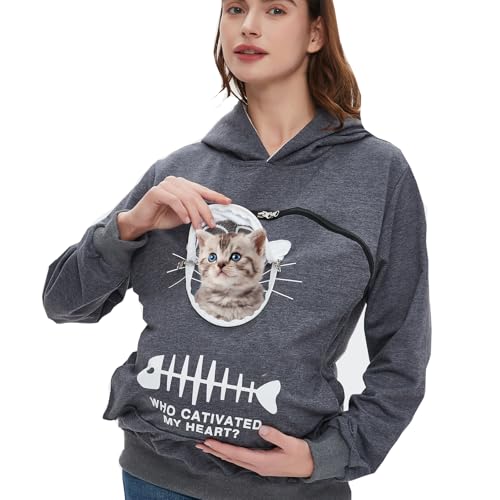 Haustiertasche Kapuzenpullover, kleine Haustiertragetasche, Hunde- und Katzentasche, Sweatshirt, Kängurutaschenhalter, Kätzchen-Tragetasche, mit atmungsaktivem Auge (dunkelgrau, L) von BOMBAXCEIBA