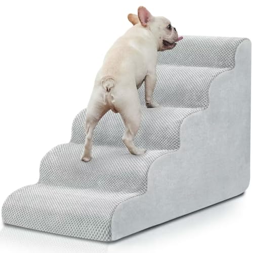 BOMOVA Hundetreppe für Kleine Hunde, 5-stufige Hundetreppe für Bett und Couch, Haustiertreppe aus hochdichtem Schaumstoff für kleine Hunde und Katzen, rutschfeste Unterseite Hunderampe Hellgrau, von BOMOVA