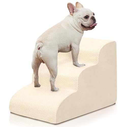 BOMOVA Hundetreppe für kleine Hunde, 3-stufige Hundetreppe für Bett und Couch, hochdichter Schaumstoff Haustiertreppe für kleine Hunde und Katzen, rutschfeste Unterseite Hunderampe, Creme, 2/3/4/5 von BOMOVA