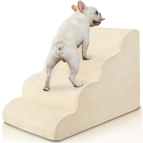 BOMOVA Hundetreppe für kleine Hunde, 4-stufige Hundetreppe für Bett und Couch, hochdichter Schaumstoff-Haustiertreppe für kleine Hunde und Katzen, rutschfeste Unterseite Hunderampe, Creme, 2/3/4/5 von BOMOVA