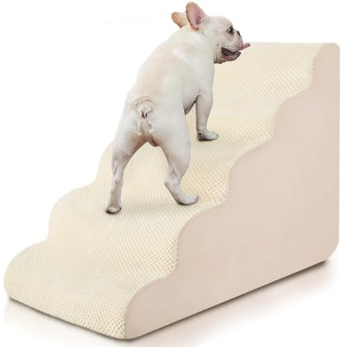 BOMOVA Hundetreppe für kleine Hunde, 5-stufige Hundetreppe für Bett und Couch, hochdichter Schaumstoff Haustiertreppe für kleine Hunde und Katzen, rutschfeste Unterseite Hunderampe, Creme, 2/3/4/5 von BOMOVA