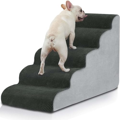 BOMOVA Hundetreppe für kleine Hunde, 5-stufige Hundetreppe für Bett und Couch, hochdichter Schaumstoff-Haustiertreppe für kleine Hunde und Katzen, rutschfeste Unterseite Hunderampe, Grau, 2/3/4/5 von BOMOVA