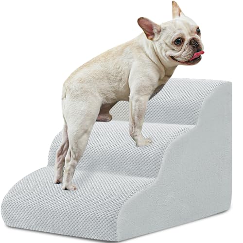 BOMOVA Hundetreppe zum Bett, 3-stufige Hundetreppe für hohe Betten und Couch, Hundetreppe für kleine Hunde und Katzen, rutschfeste Unterseite Haustiertreppe, Hund Innentreppe, Hellgrau, 2/3/4/5 Stufen von BOMOVA