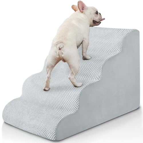 BOMOVA Hundetreppe zum Bett, 4-stufige Hundetreppe für hohe Betten und Couch, Hundetreppe für kleine Hunde und Katzen, rutschfeste Unterseite Haustiertreppe, Hundetreppe, Innentreppe, Hellgrau, von BOMOVA