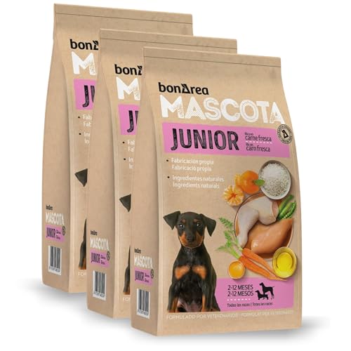 BonÀrea – Futter für Hunde und Welpen – Packung mit 3 x 3 kg (insgesamt 9 kg) – kleine, mittlere und große Rassen – vom Entwöhnen bis zum Erwachsenen – enthält natürliche Zutaten – Junior von BONAREA