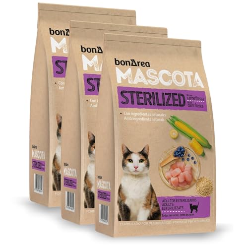 BonÀrea – Futter für sterilisierte Katzen, Packung mit 3 x 3 kg – enthält frisches Fleisch – hergestellt aus natürlichen Zutaten – vollständiges und ausgewogenes Futter – sterilisiert von BONAREA