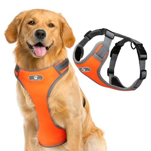 Hundegeschirr, atmungsaktiv, reflektierend, verstellbar für kleine, mittelgroße und große Hunde (Orange, Größe L) von BONAWEN