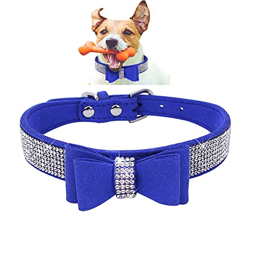 Kristall-Hundehalsband mit Fliege, weiches Hunde Halsband für kleine Hunde, extra kleine, mittelgroße Hunde (Königsblau, Größe S) von BONAWEN