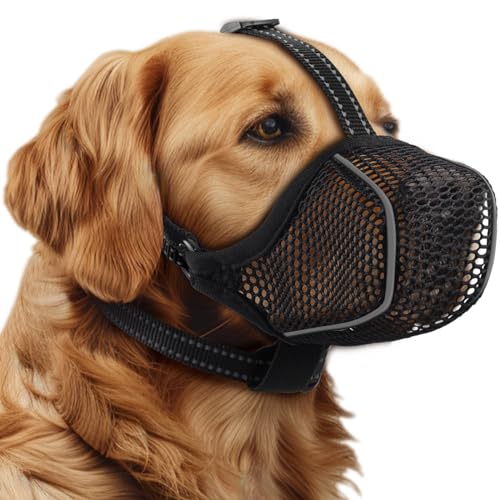 BONTHEE Hund Maulkorb, Mesh Soft Maulkorb für kleine mittlere große Hunde, atmungsaktiv reflektierende einstellbare Welpen Maulkörbe mit Halsband für Scavenging Grooming Beißen Kauen, erlaubt Hecheln von BONTHEE