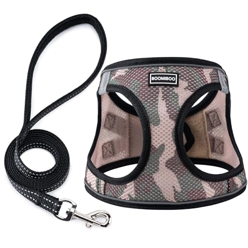 Hundegeschirr mit Leine, kein Ziehen, verstellbar, reflektierend, für kleine, mittelgroße und große Hunde und Katzen, Camouflage-Set, Größe XS von BOOMIBOO