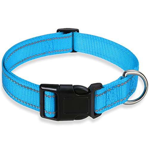 Reflektierendes Hundehalsband mit Schnalle, verstellbar, Sicherheits-Nylonhalsbänder für kleine, mittelgroße und große Hunde, Blau, Größe L von BOOMIBOO