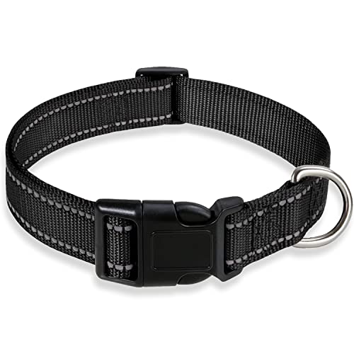 Reflektierendes Hundehalsband mit Schnalle, verstellbare Sicherheits-Nylon-Halsbänder für kleine, mittelgroße und große Hunde, Schwarz, XS von BOOMIBOO