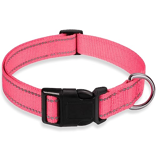 Reflektierendes Hundehalsband mit Schnalle Verstellbare Sicherheits-Nylon-Halsbänder für kleine, mittelgroße und große Hunde, Hellrosa XS von BOOMIBOO