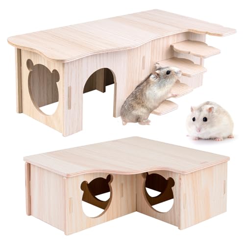 2 Stück Hamster Haus aus Holz, Hamster Mehrkammernhaus, Hamster Eckhaus Holz Hamsterhaus Hamster Versteck, Watchbox Hamster, Zwerghamster Zubehör für Den Käfig für Rennmäuse Ratten Meerschweinchen von BORDEAG