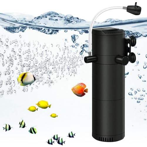 Aquarium Innenfilter 4-in-1, Aquarium Internal Filter 12W 800L/H, Einstellbarer Durchfluss Aquariumfilter, Aquarium Filter mit Wasserpumpe, Aquarien Filter Pumpe mit 2 Wasserauslässe für 200L Aquarien von BORDEAG