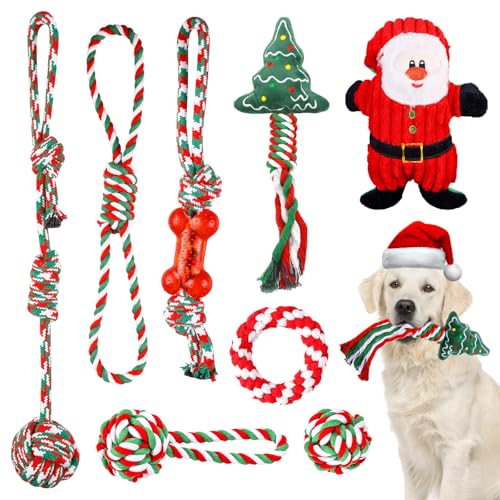 BORDEAG 8 Stück Weihnachten Hund Spielzeug, Hundespielzeug Weihnachten, Hundespielzeug Seil, Kauspielzeug für Weihnachten, Hundespielzeug aus Seil für Hund Geschenk Weihnachten von BORDEAG