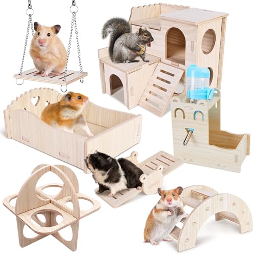 BORDEAG Hamster Haus aus Holz, 8 Stück Hamster Spielzeug, Hamsterhaus, DIY Hamster Versteck Haus, Spielzeug für Hamster, Brücke Wippe Schaukel Hamster Zubehör für Meerschweinchen, 80 ml Trinkflasche von BORDEAG