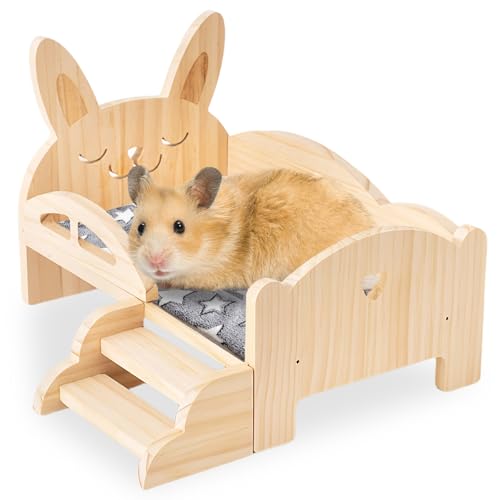 BORDEAG Holz Meerschweinchen Bett Mit Treppe Und Matte,34 * 22 * 18 cm Meerschweinchenbett Aus Holz,Holz Meerschweinchenbett,Hölzernes Meerschweinchenbett Für Meerschweinchen,Hamster,Igel von BORDEAG