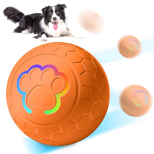 BORDEAG Interaktives Hunde Ball Spielzeug: Selbstrollender Ball Hund, Strapazierfähiger Automatisch Rollender Ball mit LED-Leuchten, Hundespielzeug Ball für Kleine, Mittelgroße,Große Hunde (Orange) von BORDEAG