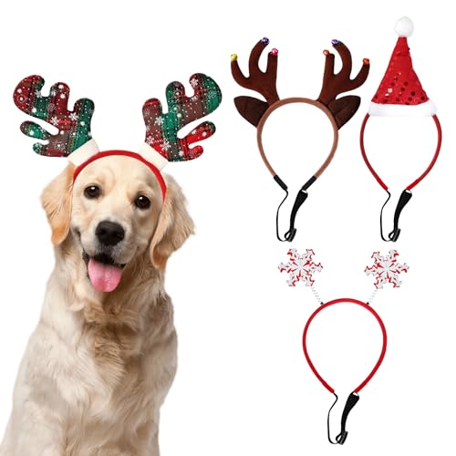 BORDEAG Weihnachten Haustier Stirnband, 4st Stirnband Verstellbare Weihnachts Haarreif, Klassische Elch Kopfbedeckung Kostüm Geschenk für Hunde, Geweih-Stirnbänder Ideal für Weihnachten & Mottopartys von BORDEAG