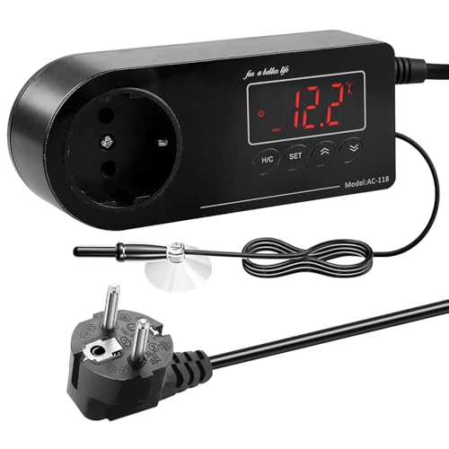 Digitaler Temperaturregler, Thermostat Steckdose mit NTC Sensor, EU-Stecker, Thermostatgesteuerte Steckdose, Heizen Kühlen Temperaturschalter 16-40℃, für Reptilien, Gewächshaus, Aquarium, Terrarium von BORDEAG