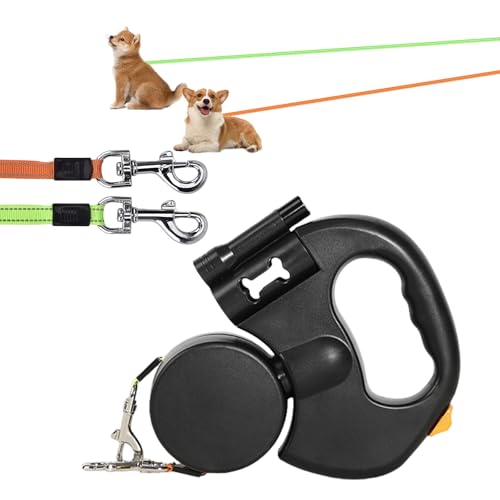 Doppelte Einziehbare Hundeleine, 3 M Hundeleine Doppelleine für 2 Hunde, Automatische Hund Versenkbar Leine, Rollleine Hundeleine mit LED Licht, Flexible Reflektierendes Seil für Katzen Kleine Hunde von BORDEAG