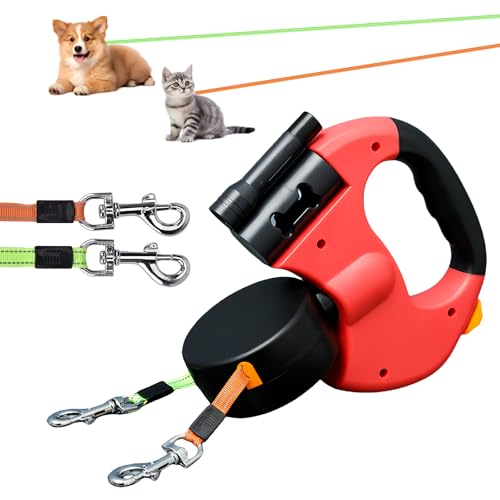 Doppelte Einziehbare Hundeleine, 3 M Hundeleine Doppelleine für 2 Hunde, Automatische Hund Versenkbar Leine, Rollleine Hundeleine mit LED Licht, Doppelköpfe Hundeleine für Katzen Kleine Hunde (Red) von BORDEAG