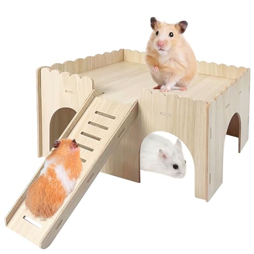 Hamster Haus Holz, Meerschweinchen Haus mit Rampe 4 Eingänge, Hamsterhaus, Mehrkammernhaus Hamster, Meerschweinchen Zubehoer, Kaninchenhaus, Haus für Zwerghamster, Rennmäuse, Degus, 38 x 24 x 24 cm von BORDEAG