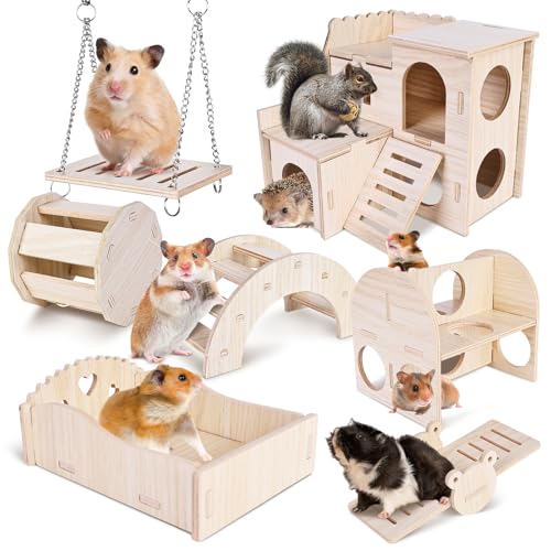 Hamster Spielzeug Haus Hamsterkäfig Zubehör: 7 Stück DIY Holz Hamster Kauspielzeug, Meerschweinchen Spielzeug Hamsterrad Brücke Schaukel Hamster Haus für Rennmäuse Ratten Zwerghamster Chinchilla von BORDEAG