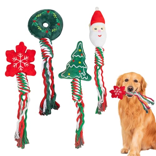 Hundespielzeug Weihnachten, 4er-Pack Weihnachts Kauspielzeug für Haustiere, Hundezähne Reinigungsseil Spielzeug, Quietschende Hund Spielzeug, Hundeseilspielzeug Kautrainings, Geschenk für Hunde von BORDEAG