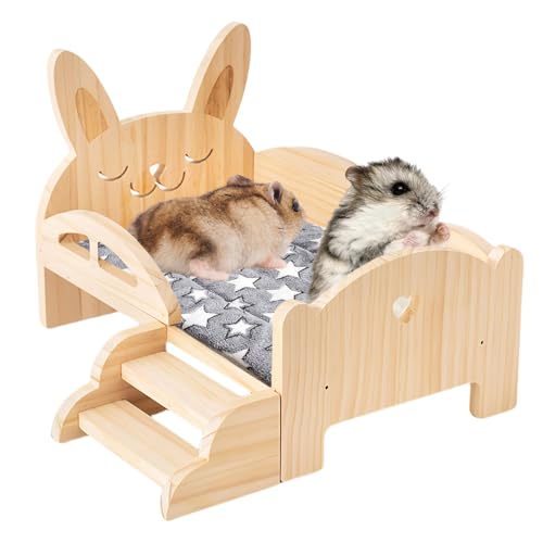 Meerschweinchenbett aus Holz mit Treppe und Matte, Süßes Häschenbett, Holz Meerschweinchen Bett, Holz Meerschweinchenbett Abnehmbare Plattform für Meerschweinchen, Kleine Tierbetten (34×22×18 cm) von BORDEAG