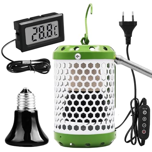 Reptilien Wärmelampe Schutzkorb, Wärmelampe Terrarium 100w, Schildkröte Wärmespotlampe mit Haken, Verstellbar Reptilien Heizlampe mit Timing-Funktion & Mini-Thermometer für Eidechse Schlange Bartagame von BORDEAG