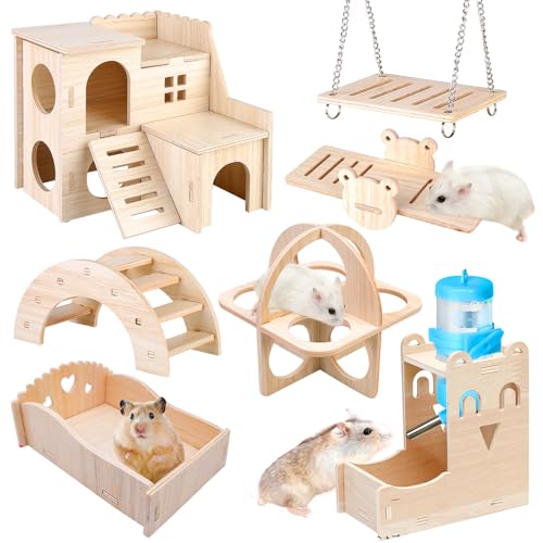 Spielzeug für Hamster aus Holz, 8 Stück DIY Hamster Spielzeug, Hamster Kauspielzeug, Hamster Versteck Haus Brücke Wippe Schaukel Trainingspielzeug, Hamster Zubehör für Den Käfig für Rennmäuse Ratten von BORDEAG