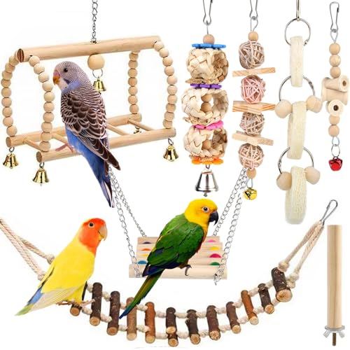 8-teiliges Vogelspielzeug Set, Papageienspielzeug, Naturholz Kauspielzeug für Käfig und Training, geeignet für Wellensittiche, Conures und Lovebirds von BORDEAG