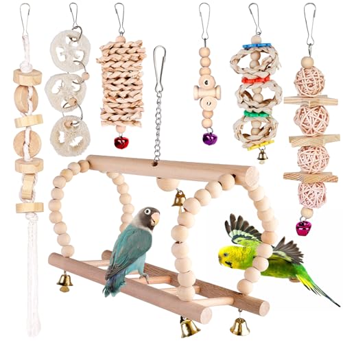 Vogelspielzeug Wellensittich Spielzeug Vogelkäfig Zubehör: 7 Stück Papageienspielzeug Holz, Wellensittich Schaukel mit Glocke, Vogel Spielzeug für Wellensittiche Papageien Sittiche Nymphensittiche von BORDEAG