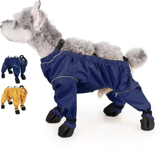 BOSENIYU Hunde Wasserdichte Regen Strapsstiefel Anti-Rutsch-Schuhe Reflektierende Pfoten- und Bauchschutz Winter Schneehose (Blau L) von BOSENIYU