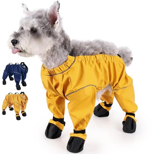 BOSENIYU Hunde Wasserdichte Regen Strapsstiefel Anti-Rutsch-Schuhe Reflektierende Pfoten- und Bauchschutz Winter Schneehose (Gelb L) von BOSENIYU