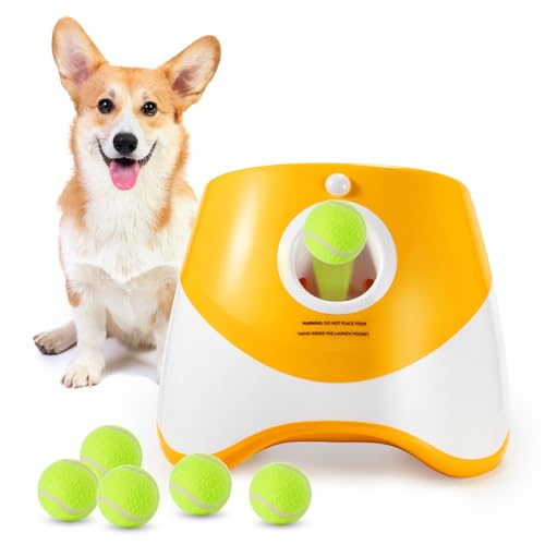 BOSERMEN Automatischer Ballwerfer, kleiner interaktiver Ballwerfer, automatischer Hundefutter, Ballwerfer für Hunde, mit 6 Mini-Tennisbällen (Orange) von BOSERMEN