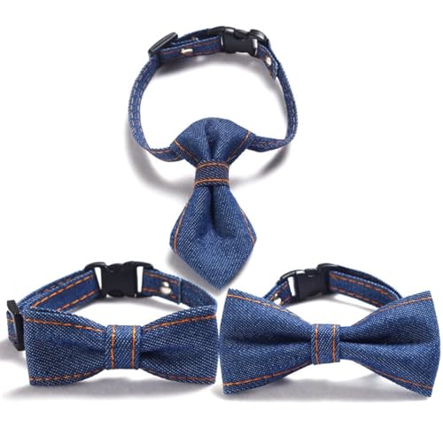 BOSREROY Entzückendes 3-teiliges Denim-Haustierhalsband-Set: verstellbare Hundefliege und Katzenhalsband für Party-Training – dekoratives Zubehör für Welpen und Kätzchen von BOSREROY