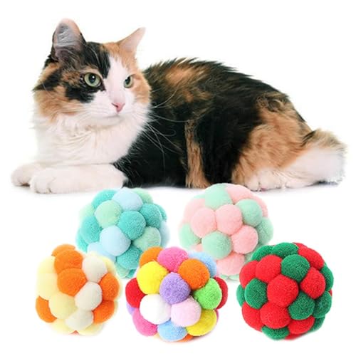 BOSREROY Handgefertigter Plüschball für Kätzchen, interaktiv, 5 Stück, weicher Haustier-Hüpfball, Kätzchen, bissfest, Spielbommel, Katze von BOSREROY