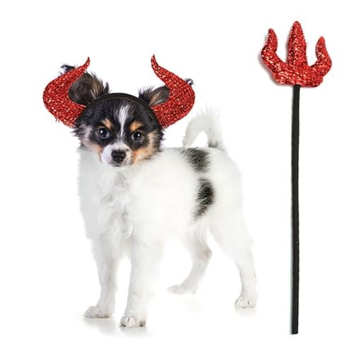 Teufelskostüm Stirnband mit Heugabel für Haustiere - Halloween Cosplay Zubehör für Hunde von BOSREROY