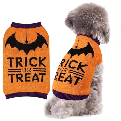 Halloween Hundepullover für kleine Hunde: Rollkragenpullover gestrickt, warmes Welpen-Fledermaus-Kostüm, Hunde-Winter-Pullover, Urlaubsthema, Haustierkleidung (Orange, S) von BOTEWO