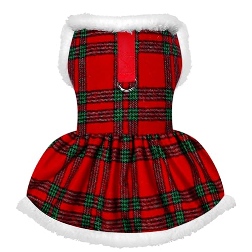 Hund Weihnachtskleid Büffel Plaid: Welpen Mädchen Kleider Urlaub Thema Welpen Weihnachten Outfit, Doggie Party Samtröcke Winter Warme Haustierkleidung (rotes Karo, L) von BOTEWO