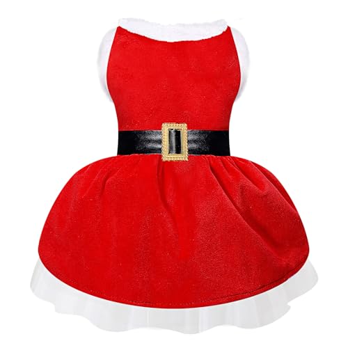 Hunde-Weihnachtskleid Weihnachtsmann-Kostüme: Welpenmädchen-Kleider Urlaubsthema Doggie Xmas Bekleidung Party Röcke mit Gürtel, Winter Warme Weihnachten Hundekleidung, Haustier Katze Outfit (Rot, XS) von BOTEWO