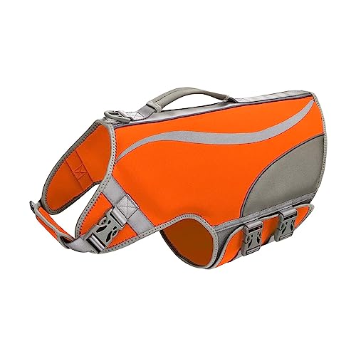 Hundeschwimmweste, verstellbar, Ripstop, große Hundeschwimmweste zum Schwimmen und Bootfahren: Pet Life Preserver mit reflektierenden Streifen, Rettungsgriff (Orange, L) von BOTEWO